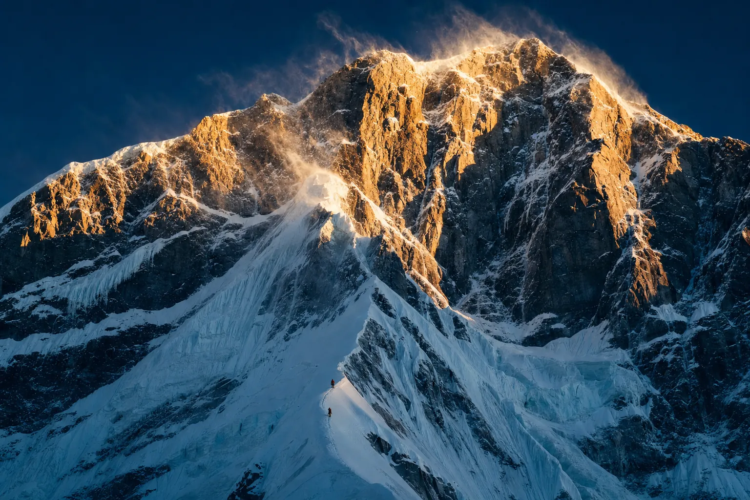 Golden-hour light on a monumental Himalayan face, two rope teams small on the lower arête