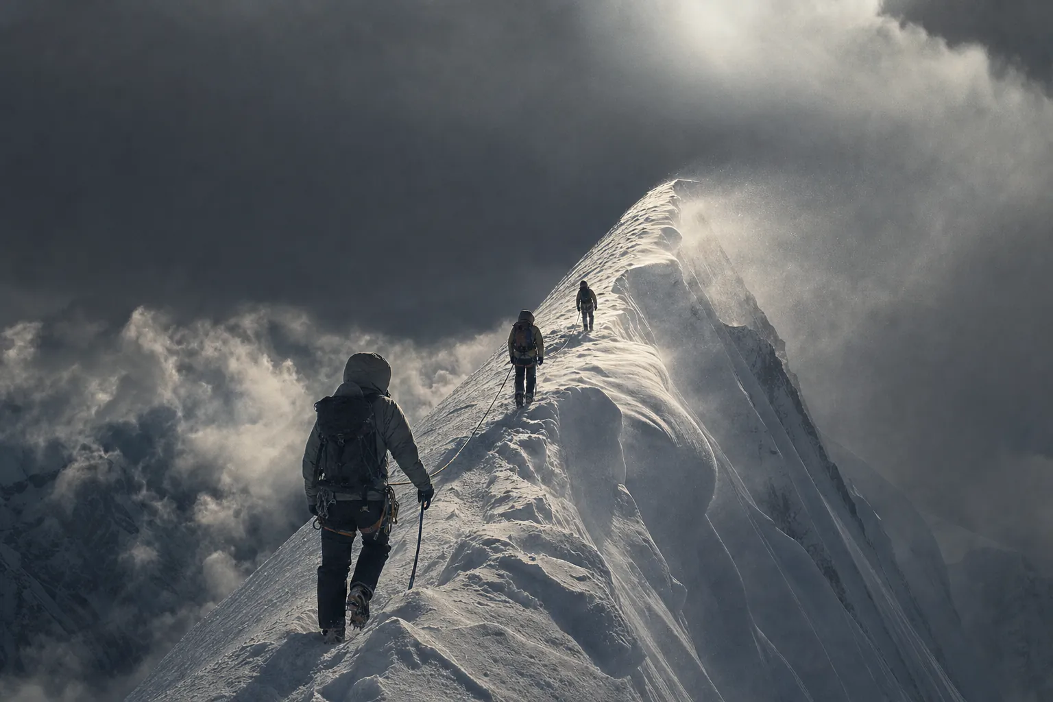 A rope team crossing a corniced knife-edge ridge in storm light